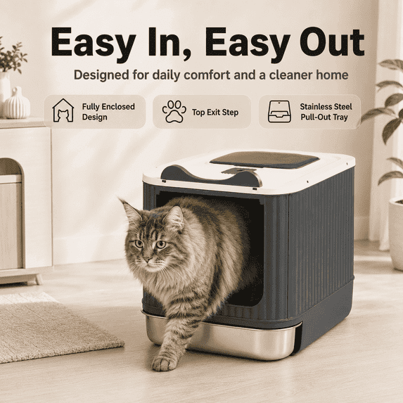 Fly Rabbit Stainless Steel Odor-Proof Enclosed Cat Litter Box with Scoop, Easy to Clean, Gray
