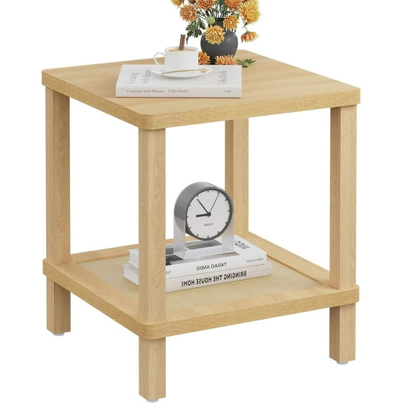 Large End Table,20 Inch Square Side Table,Coffee Table,Rattan Side Table,Boho Nightstand for Living Room,Bedroom,Rounded Corners,Easy Assembly Natural