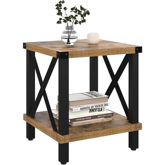 Large End Table Farmhouse Side Table Industrial Style Sofa Table Coffee Table Metal X Accent Wood End Table NightStand with Storage Shelf for Living Room Bedroom MLBZ16R