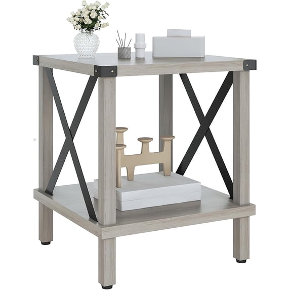 Large End Table Farmhouse Side Table Industrial Style Sofa Table Coffee Table Metal X Accent Wood End Table NightStand with Storage Shelf for Living Room Bedroom