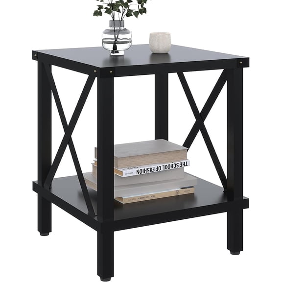 Large End Table Farmhouse Side Table Industrial Style Sofa Table Coffee Table Metal X Accent Wood End Table NightStand with Storage Shelf for Living Room Bedroom