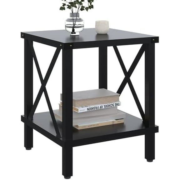 Large End Table Farmhouse Side Table Industrial Style Sofa Table Coffee Table Metal X Accent Wood End Table NightStand with Storage Shelf for Living Room Bedroom Black MLBZ16B