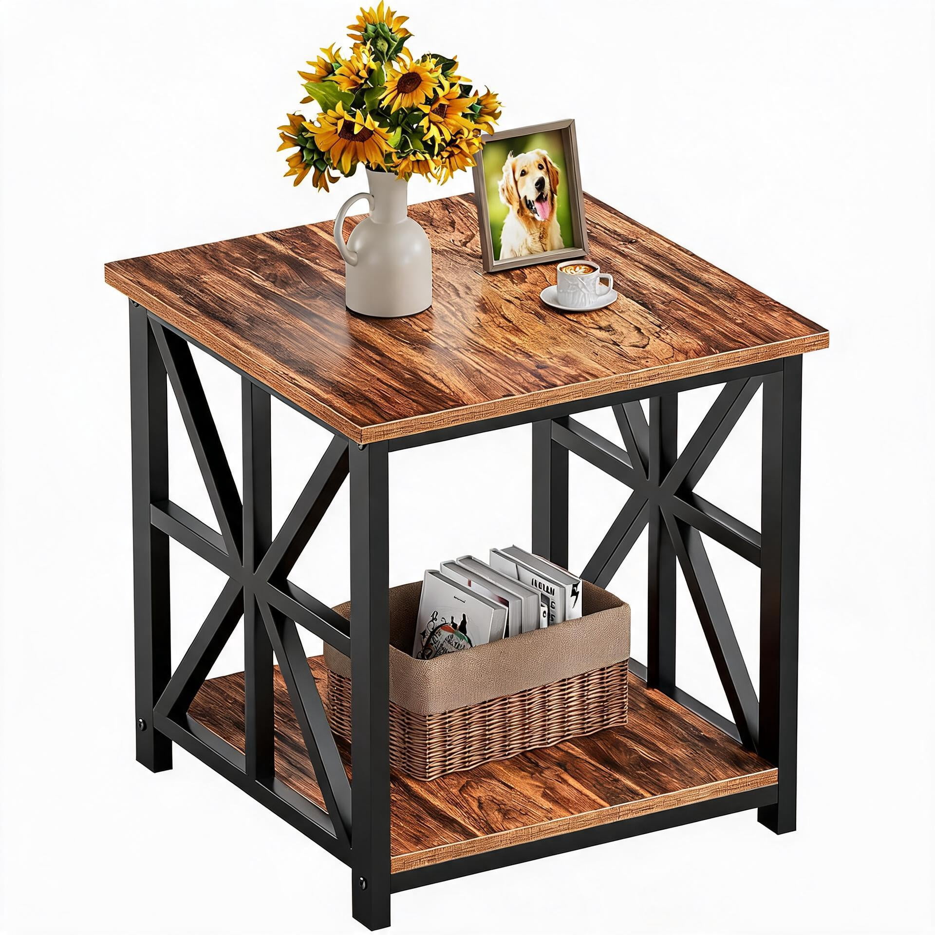 Metal Table Shape Large End Table with X-Shaped Metal Frame and 2-Tier Shelves in Walnut ...