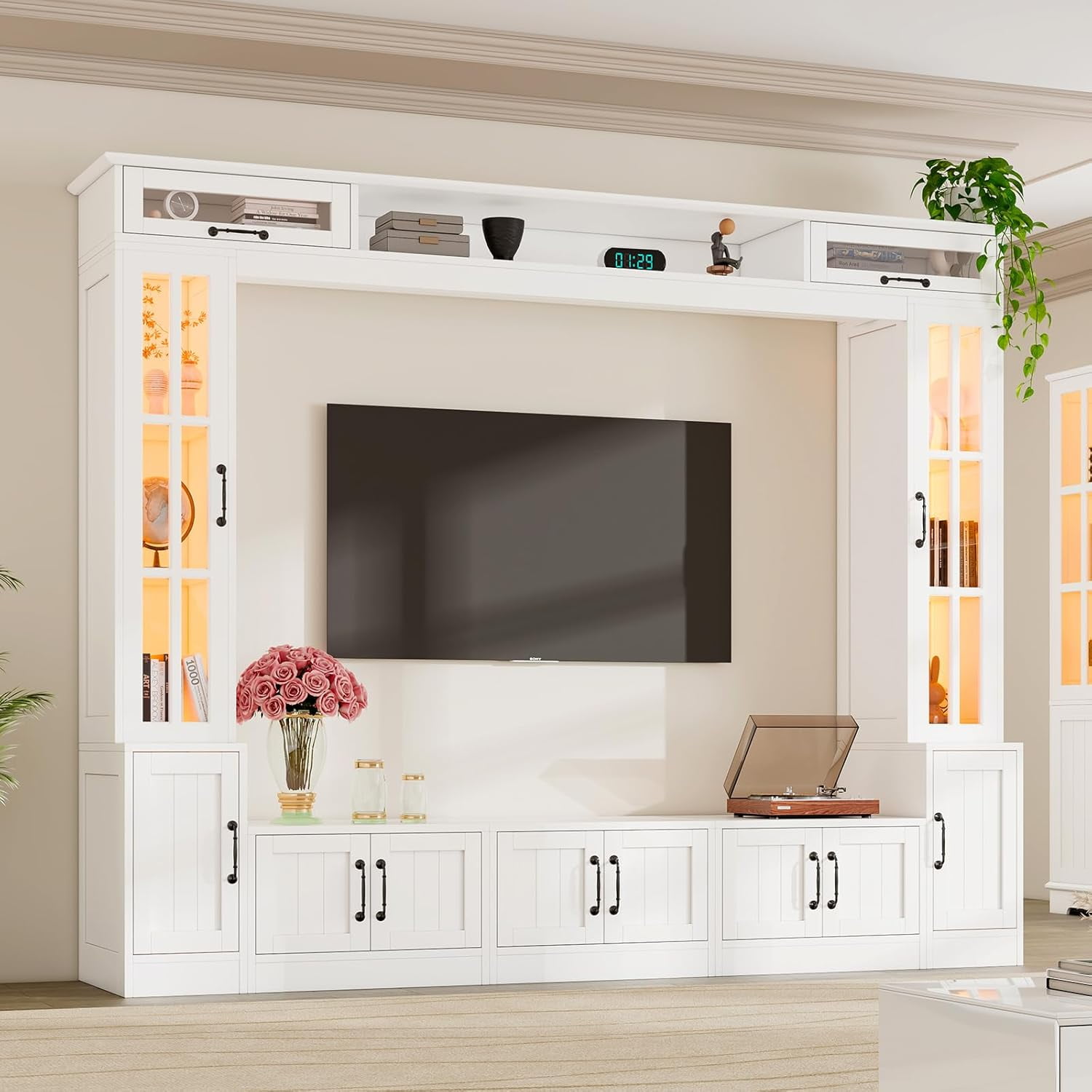 Merluxy Large Entertainment Center Wall Unit Set with Plenty of Storage LED Lights 98 Modern Wooden TV Stand with Bookshelves Bridge for TVs up to 80 for Living Room White