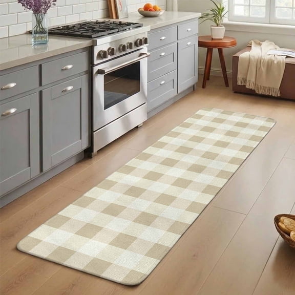 Large Entryway Rug 31.5"x63",Beige Plaid Absorbent Non Slip Indoor Outdoor Floor Mat,Spring Summer Farmhouse Buffalo Checkered Low Profile Area Rug for Front Entrance Mudroom Patio Garage Double Door