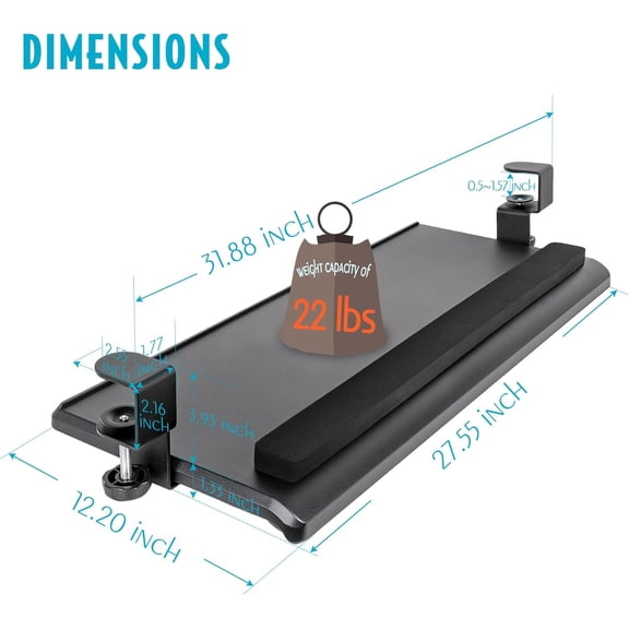 Large Ergonomic C-Clamp Keyboard Tray Mount Under Desk with Wrist Rest, Slide-Out Platform 27.5" (31.8" Including Clamps) x 12.5", Pull Out Keyboard & Mouse Tray for Home or Office, Black