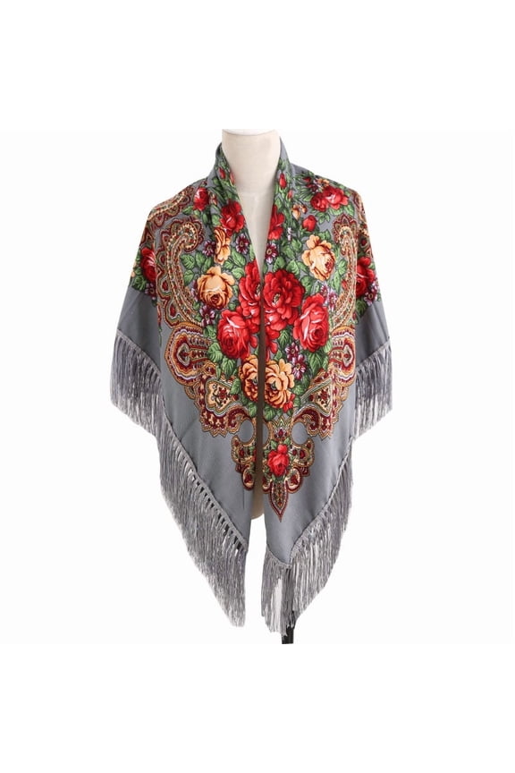 Large Ethnic Print Shawl, 135x135cm Russian Floral Scarf with Fringe,135*135cm,gray