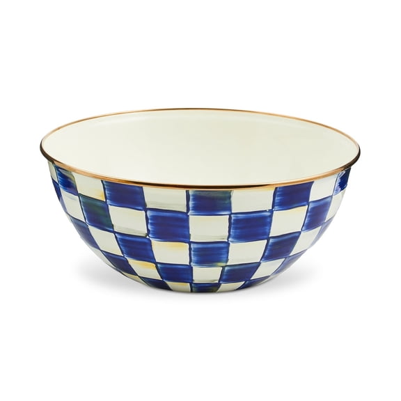 Large Everyday Serving Bowl, 128 oz, Royal Check Pattern, Hand-Painted Porcelain