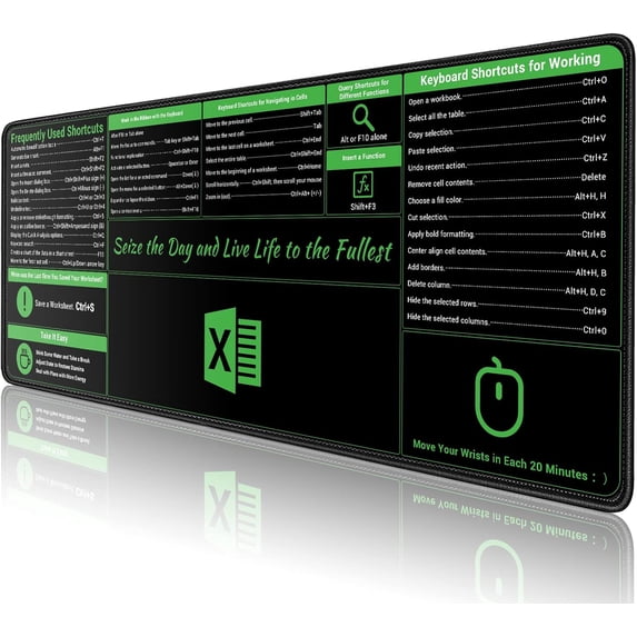 Large Excel Shortcut Mouse Pad, Extended Office Mouse Pad with Stitched Edges, Waterproof, Non-Slip Base Keyboard Mats for Desk, XL Giant Mouse Pads for Desk, 31.5\u201dx11.8\u201d, Back to School