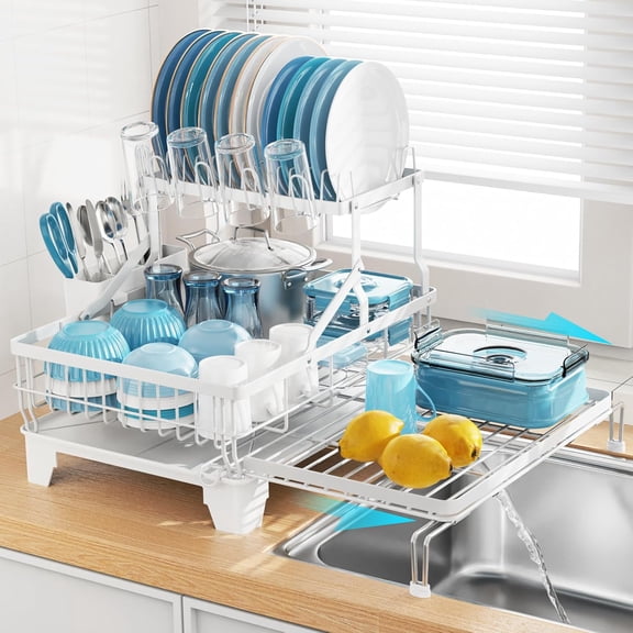 Large Expandable 2 Tier Dish Drying Rack - Over Sink & Counter Use | Extendable Drying Space, Auto-Drain Spout, Stable Screw-Fixed Frame, Cup & Utensil Holder, Rust-Resistant Kitchen Rack, White