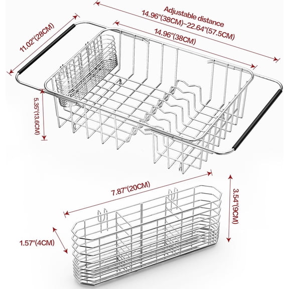 Large Expandable Dish Drainer Rack Over Sink, 304 Stainless Steel Adjustable Drying Organizer with Utensil Holder for Kitchen Counter