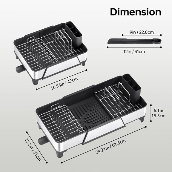 Large Expandable Dish Drying Rack - Triple Size Stainless Steel Kitchen Counter Organizer with Utensil Holder for Home and Apartment, Black