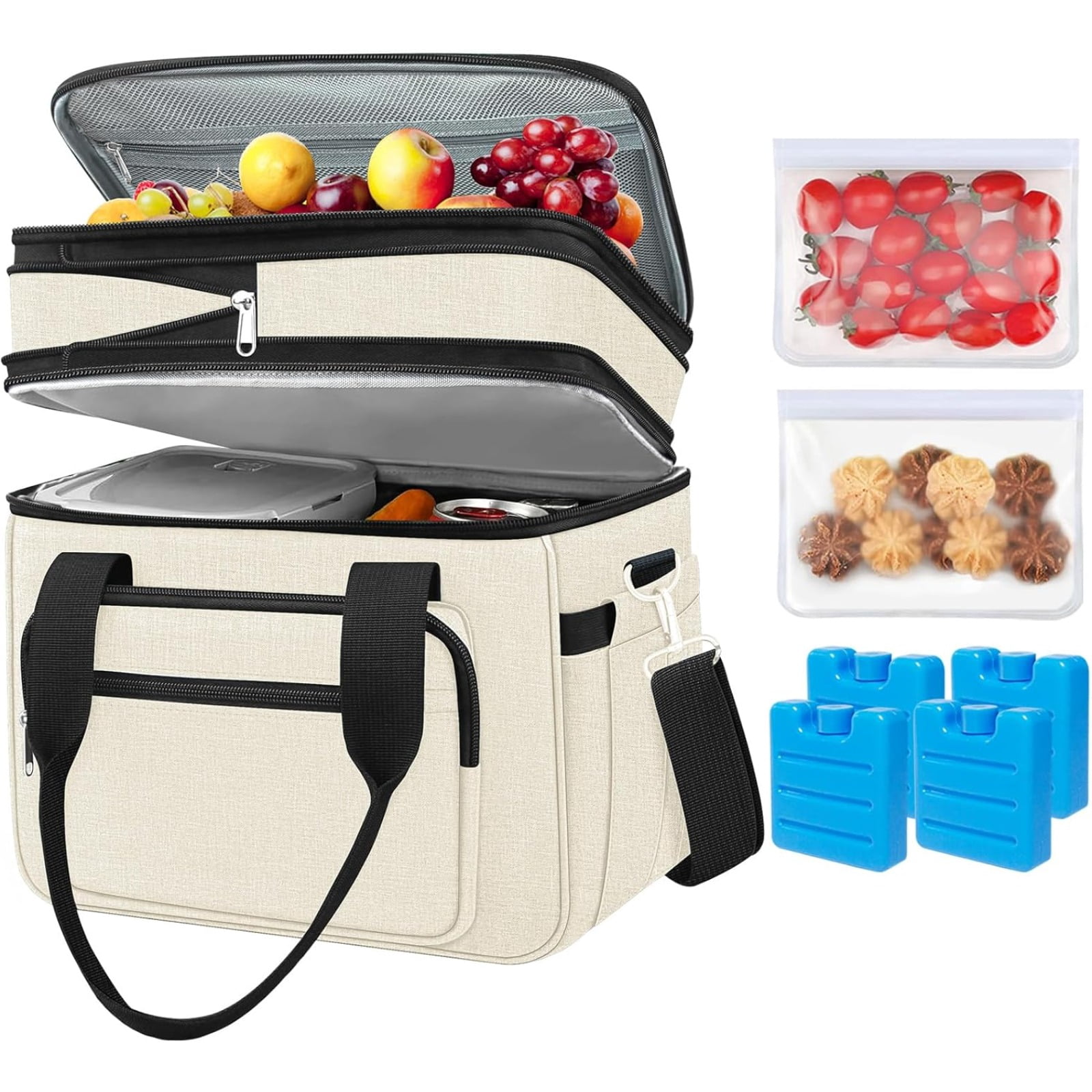 Large Expandable Insulated Lunch Bag for Men, 23L Double Deck Cooler with 4 Ice Packs & 2 Storage Bags