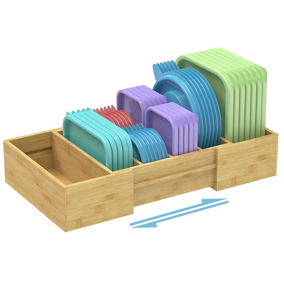 Large Expandable Kitchen Lids Organizer for Cabinet, Covers, Pantry, Drawer & Countertop Storage, with 3 Adjustable Dividers, Hand-made Bamboo Food Container