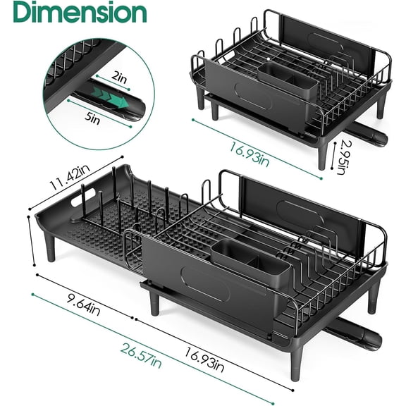 Large Extendable Dish Drying Rack, 16.93" to 26.57" Expandable Kitchen Counter Organizer with Drainboard and Heavy-Duty Steel Plate Drainer for Any Sink