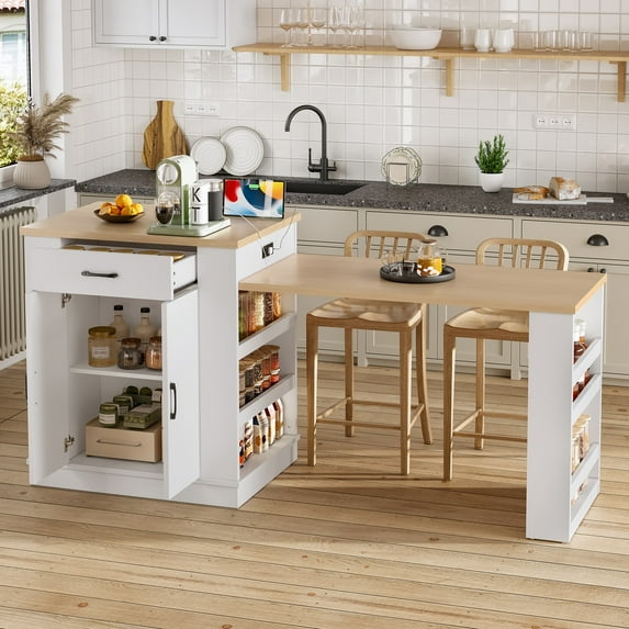 Large Extendable Kitchen Island for Family Use, Dining Table and Breakfast Bar with Storage Drawers, Cabinet Doors and Open Shelves, Ideal for Kitchen and Dining Room, White