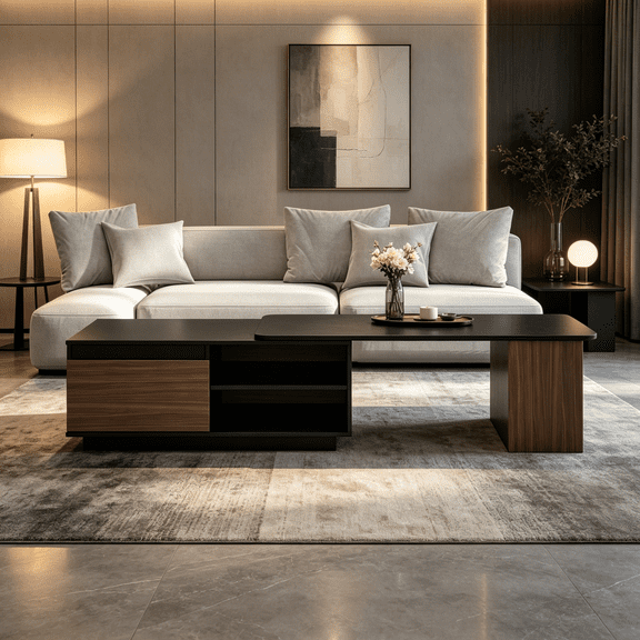 Large Extendable Wood Coffee Table for Living Room with 2 Drawers, Walnut Brown Center Table