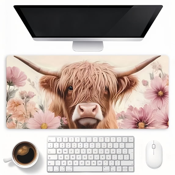 Computer Placemat Large Extended Gaming Mouse Pad, Floral Highland Cow, Non-Slip Desk Mat ...