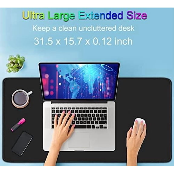 Large Extended Gaming Mouse Pad with Stitched Edges, (31.5X15.7In) Durable Non-Slip Natural Rubber Base, Waterproof Computer Keyboard Pad Mat for Esports Pros/Gamer/Desktop/Office/Home-Black