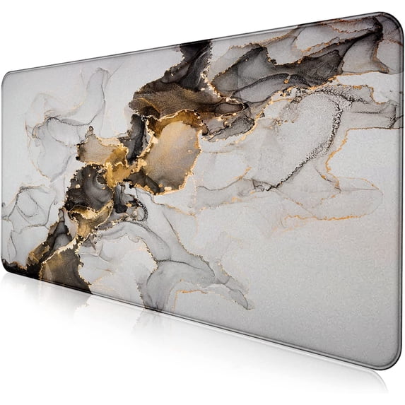 Large Extended Gaming Mouse Pad With Stitched Edges, Non-Slip Waterproof Rubber Base Mouse Pad For Office, Computer, Keyboard, Laptop And Home Desk Pad 35.4 x 15.7 x 0.12 Inch (Black Gold Grey Marble)