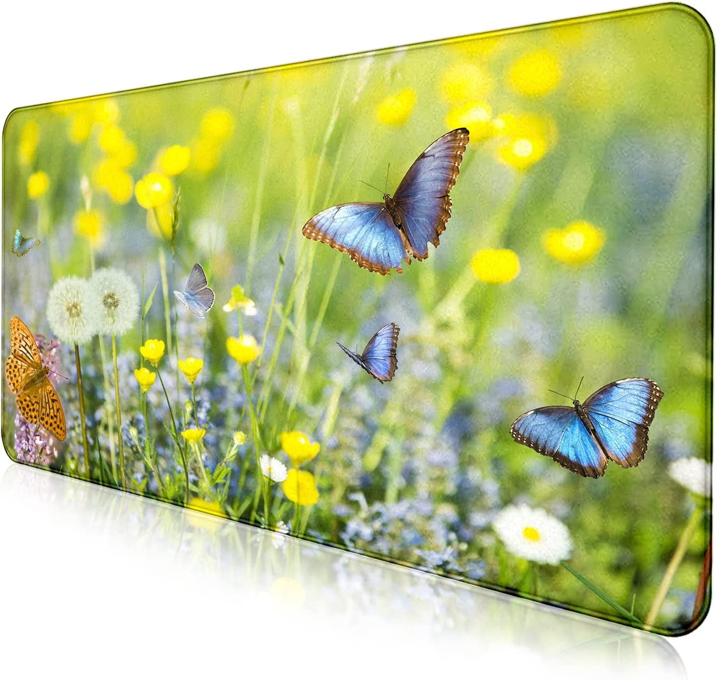 Large Extended Gaming Mouse Pad with Stitched Edges, Non-Slip Waterproof Rubber Base Mouse Pad for Office, Computer, Keyboard, Laptop and Home Desk Pad 35.4 x 15.7 x 0.12 Inch (Butterfly Wildflowers)