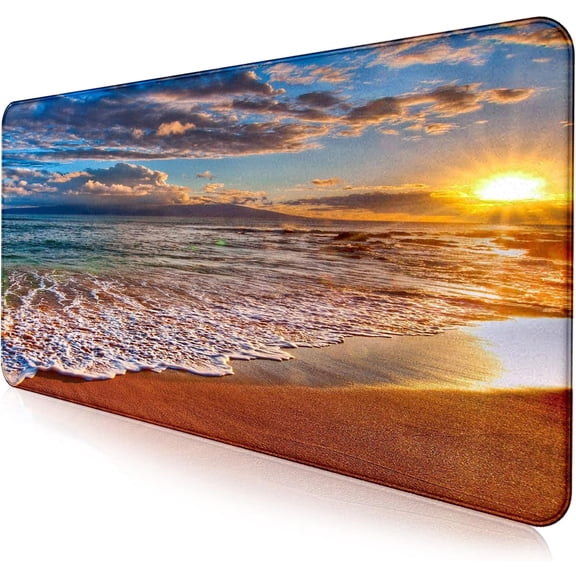 Large Extended Gaming Mouse Pad with Stitched Edges, Non-Slip Waterproof Rubber Base Mouse Pad for Office, Computer, Keyboard, Laptop and Home Desk Pad 35.4 x 15.7 x 0.12 Inch (Beach at Sunset)