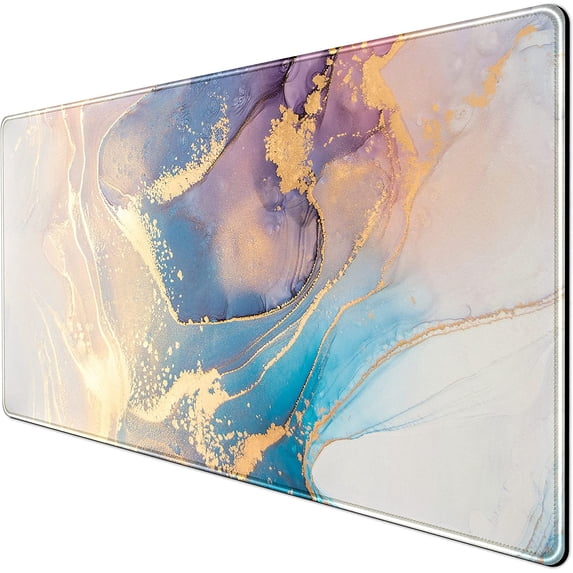 Large Extended Marble Gaming Mouse Pad, Desk Mat with Stitched Edges XXL Size, Golden Marble Keyboard Mat for Desktop, Laptop, Wireless Mouse, Work, Game, Office, Home 31.5x15.7 Inchs