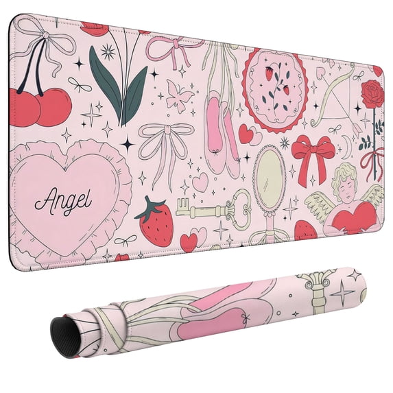 Large Extended Mouse Pad 35.4 x 15.7 Inch, Adorable Rose Bow Gaming Desk Mat with Non-Slip Rubber Base, Stitched Edges
