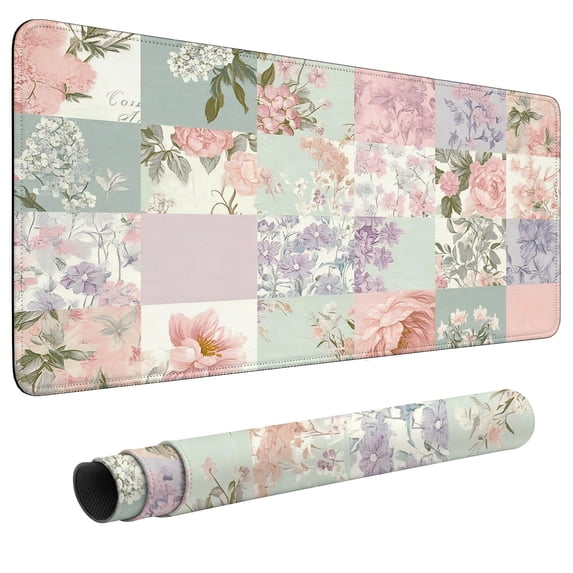 Large Extended Mouse Pad 35.4 x 15.7 Inch, Vintage Floral Patchwork Gaming Desk Mat with Non-Slip Rubber Base, Stitched Edges