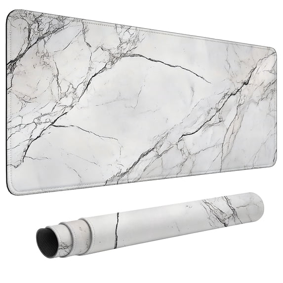 Large Extended Mouse Pad 35.4 x 15.7 Inch, White Marble Gaming Desk Mat with Non-Slip Rubber Base, Stitched Edges