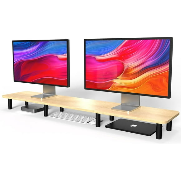 Large Extra Long Monitor Stand Riser 43.7in,Dual Monitor Riser, Wide TV Stand for 2 Monitors, Wood & Steel Leg Adjustable Height Desktop Riser, Home Office Organization. (Natural)