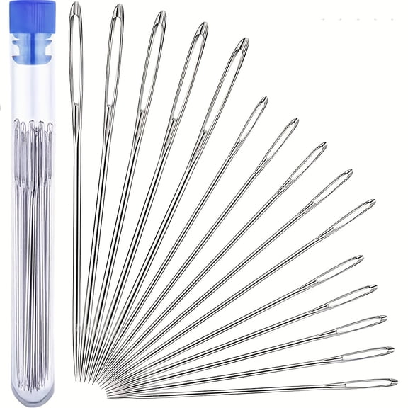 Large Eye Sewing Needles, 3 Sizes Stainless Steel Hand Sewing Needles, 15 Pcs Embroidery Needles with Storage Tube for DIY Craft, Embroidery, Mending Clothes