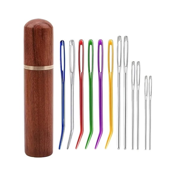Large Eye Tapestry Needles Set, Straight & Bent Darning Yarn Needles with Wood Storage Tube