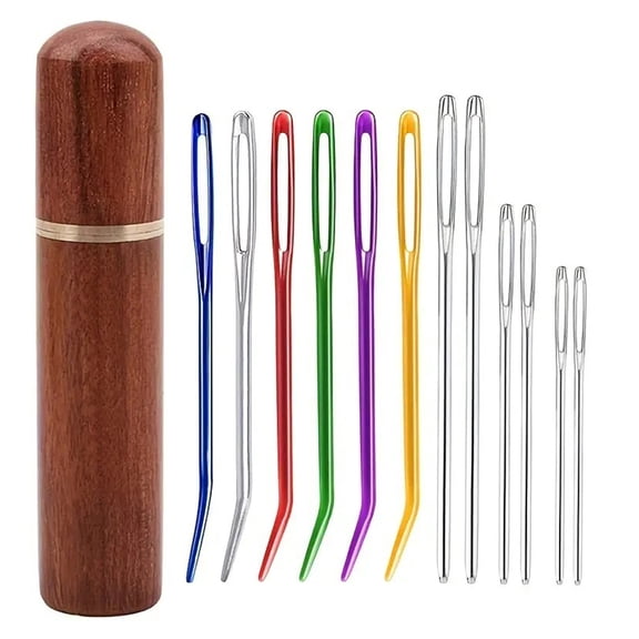 AGDISH Large Eye Tapestry Needles Set, Straight & Bent Darning Yarn Needles with Wood Storage Tube