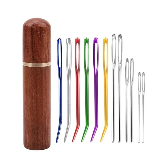 Large Eye Tapestry Needles Set, Straight & Bent Darning Yarn Needles with Wood Storage Tube