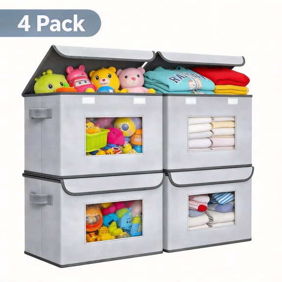 Large Fabric Collapsible Stackable Storage Bins with Lid, Closet Organizers and Storage, Gray, 4 Pack