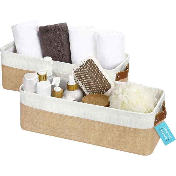 Large Fabric Storage Baskets for Shelves 3 Pack, 15x11in Closet Storage Bins for Shelves, Cloth Baskets for Organizing, Linen Closet Organizers, Fabric Basket, Beige/White