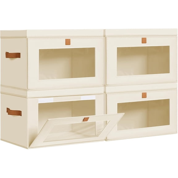 Large Fabric Storage Bins with Lids 4 Pack Beige Collapsible Organizer with Front Opening and PVC Window