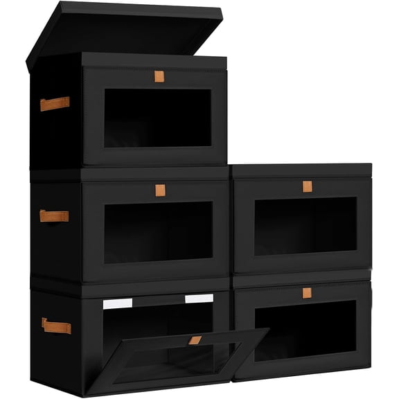 Large Fabric Storage Bins with Lids 5 Pack Black Front-Opening Collapsible Organizer Boxes for Clothes Books Blankets