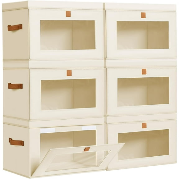 Large Fabric Storage Bins with Lids 6 Pack Collapsible Organizer with Front Opening and PVC Window