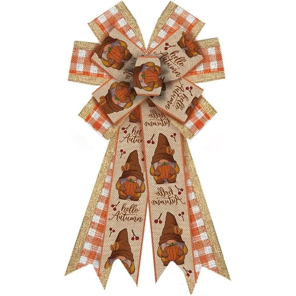 Hsomely Large Fall Wreath Bow, Burlap Orange White Buffalo Plaid Gnome Ornament for Autumn Thanksgiving Front Door Indoor Outdoor Decor