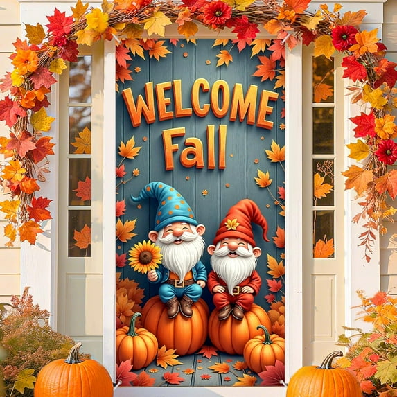 Large Fall Door Cover Decorations Fall Door Banner for Front Door Realistic Sunflower Maple Leaves Pumpkin Door Hanging Sign Autumn Harvest Backdrop Background for Thanksgiving Holiday Party Supplies