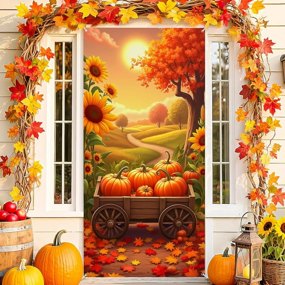 Large Fall Door Cover Decorations Fall Door Banner for Front Door Realistic Sunflower Maple Leaves Pumpkin Door Hanging Sign Autumn Harvest Backdrop Background for Thanksgiving Holiday Party Supplies