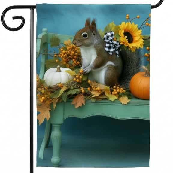 Large Fall Double-Sided Flags 28x40 A squirrel sitting on top of a green bench Large Outdoor Fall Decorations