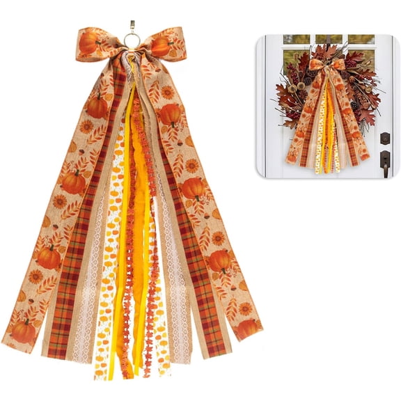 Hsomely Large Fall Wreath Bow, Orange Assorted Ribbon Wreath Sash for Front Door Thanksgiving Harvest Decor