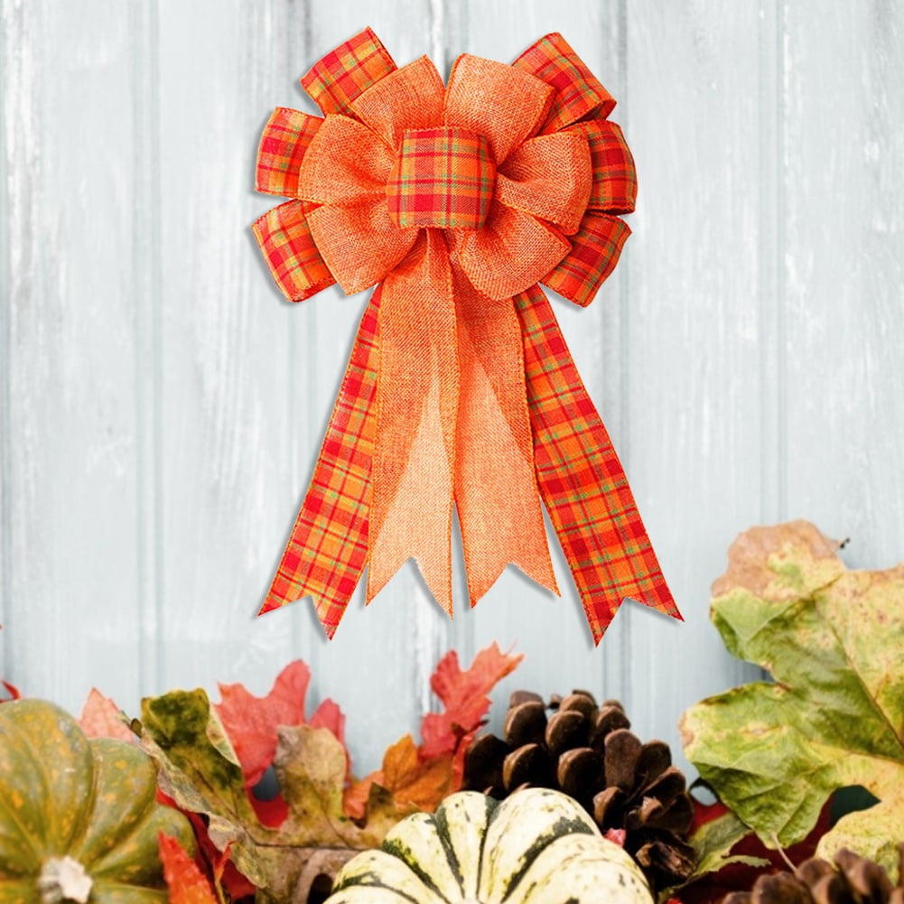 2/4/6 PCS Large Fall Thanksgiving Wreath Gift Bow -18.9x10.6inch Orange Buffalo Plaid Check Wreath Swag Bow Wreath Pre-Tied Bow for Fall, Thanksgiving, Christmas, Home Indoor Outdoor Ornaments