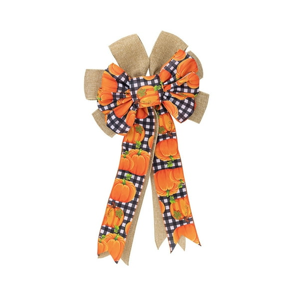 Large Fall Wreath Bows Thanksgiving Bows Orange Pumpkin Plaid Burlap Bows for Wreaths, Fall Ribbon Bows Tree Topper Bows for Thanksgiving Home Indoor Outdoor Decoration Wreath Ornament Supplies