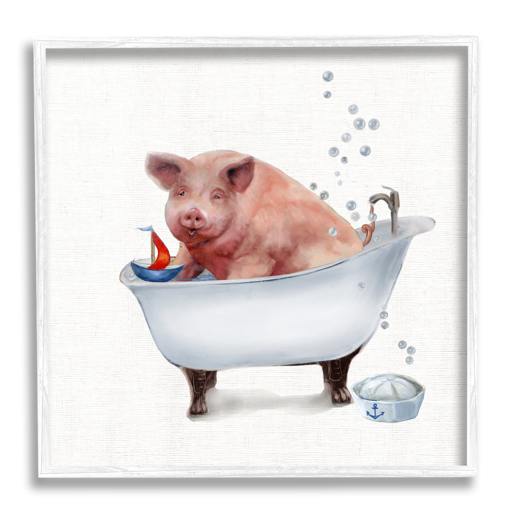 Large Farm Pig in Bathtub Sailors Hat Bubbles Animals & Insects Framed Art Print Wall Art, 17x17
