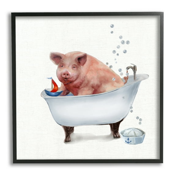 Large Farm Pig in Bathtub Sailors Hat Bubbles Animals & Insects Framed Art Print Wall Art, 17x17