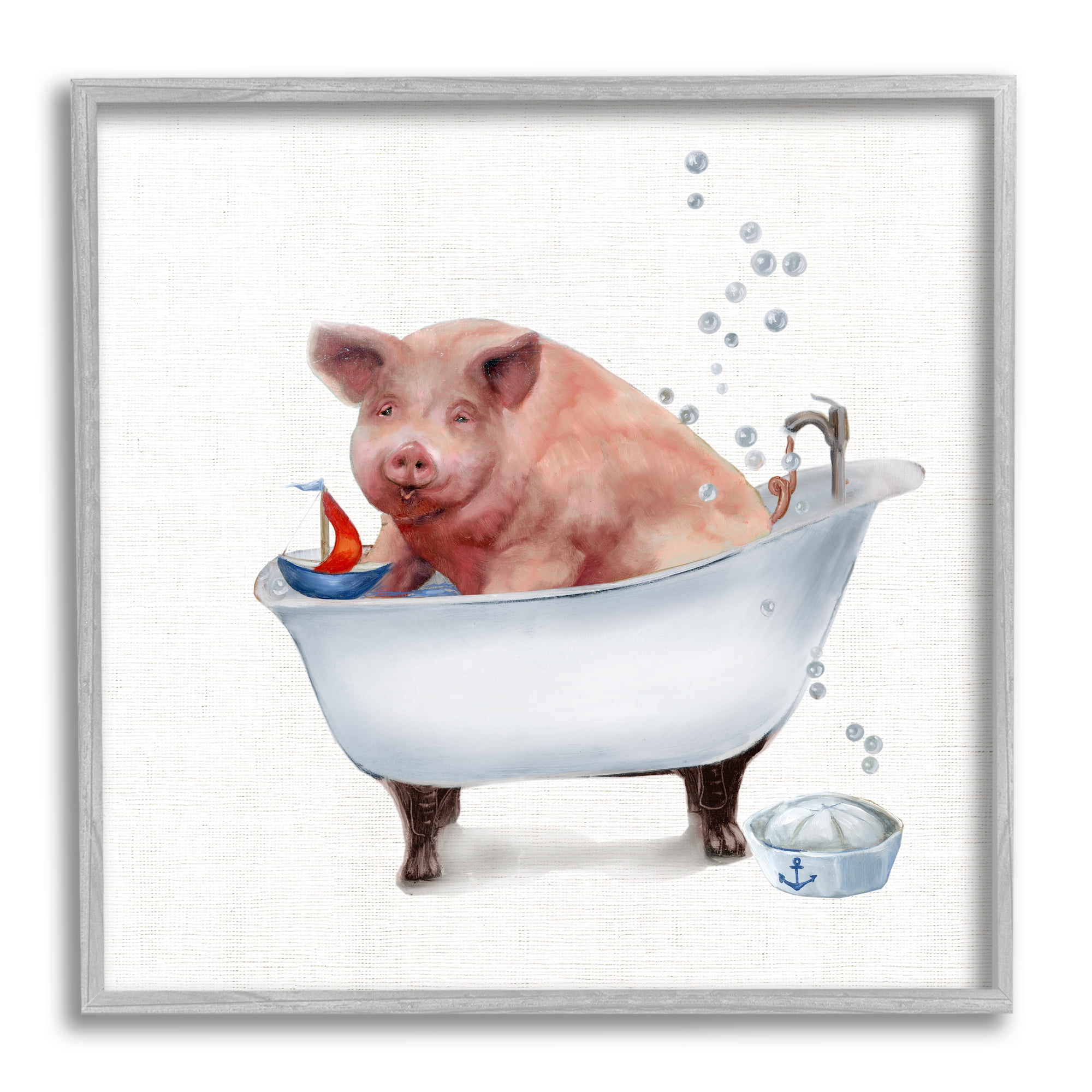 Large Farm Pig in Bathtub Sailors Hat Bubbles Animals & Insects Framed Art Print Wall Art, 17x17